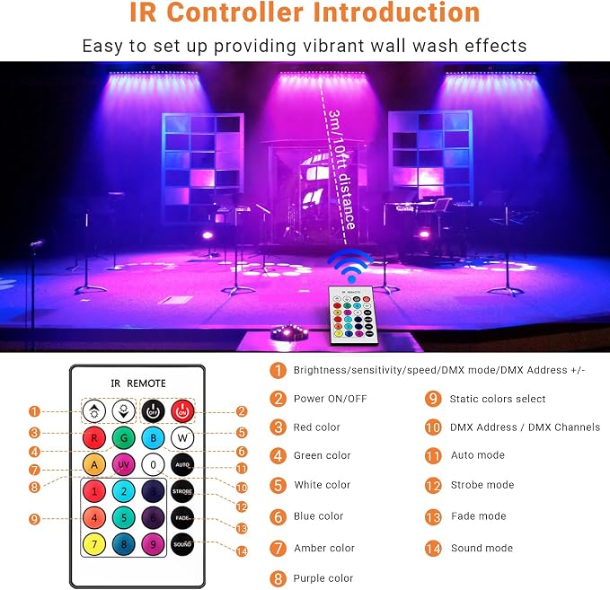 24LEDs Stage Wash Light Bar: RGB+Amber 4IN1 Color Chasing DMX Light Bar - Sound Activated Remote Control for DJ Planner - Wall Wash Uplights for Events Music Gig Church Wedding Party Band Performance - Image 4