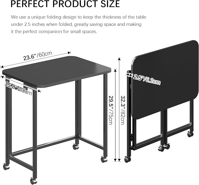 JSB Folding Desk for Small Spaces,Mobile Portable Rolling Laptop PC Table on Wheels,Foldable Computer Desk for Home Office,Bedroom,Dorm,Space Saving (All Black, 23.6") - Image 2