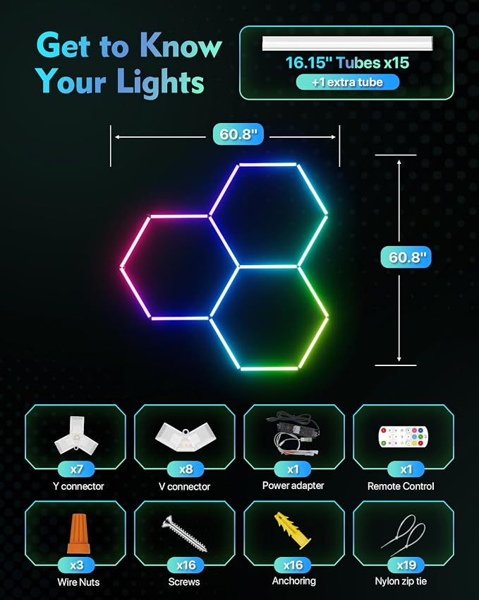 RGB Hexagon Lights, Dimmable Hex Lights, Smart Color Scenes, 3 Hex - Image 8