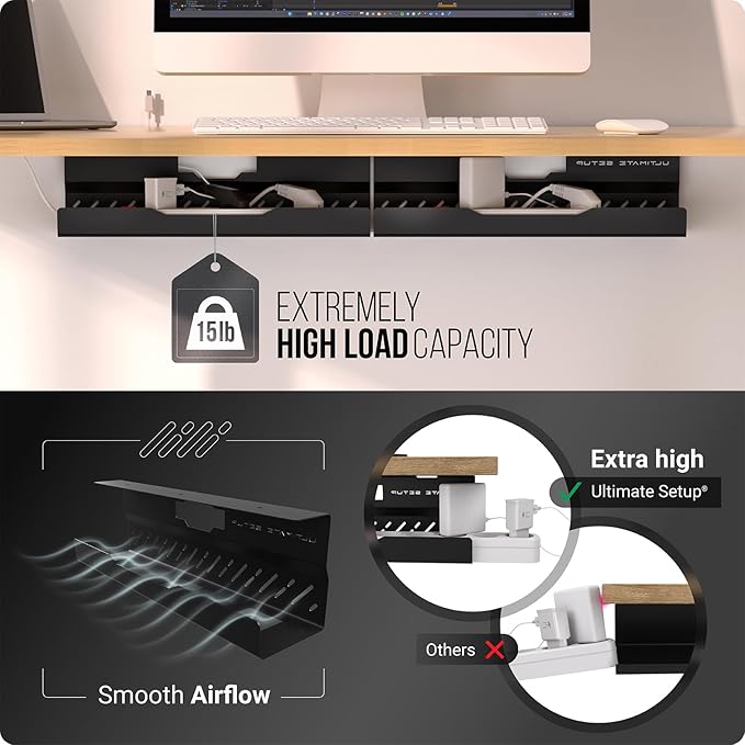 Under Desk Cable Management Tray no Drill – Wire Management - Cord Organizer – Huge Load Capacity – Under Desk Cable Tray no Drill (Black, 2 Pieces Set) - Image 4