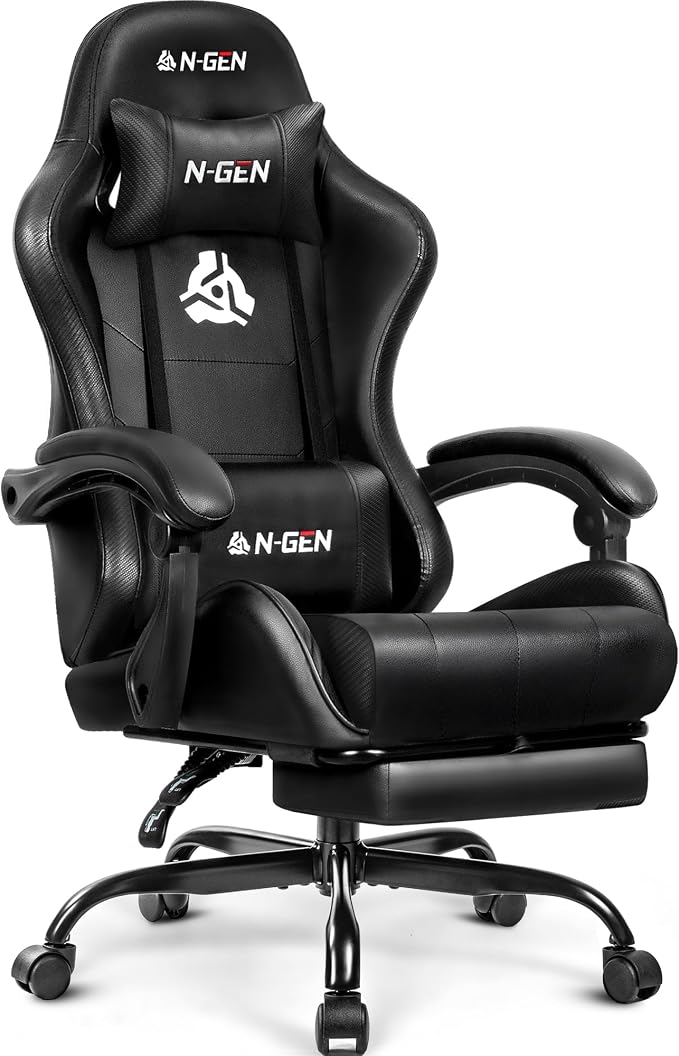 N-GEN GAMING Gaming Chair with Footrest, Lumbar, High-Back, All Black | Reclining Backrest, Linkage Armrests, Durable PU Leather, Adjustable Comfort for Extended Computer, Desk, or Home Office Use by N-GENGAMING
