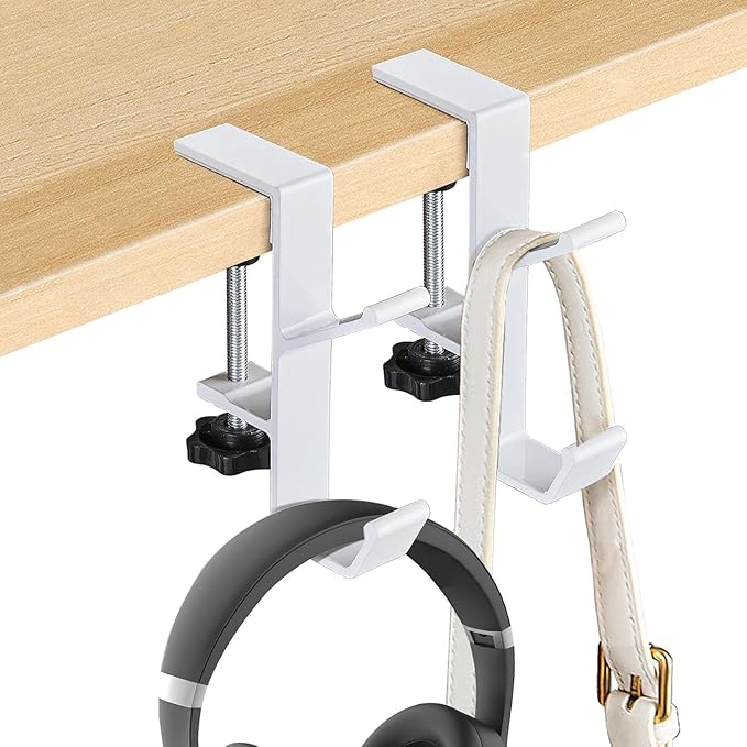 YUANQIAN Clamp-On Under Desk Headphone Holder Backpack Hook Students' Desk Hook with Adjustable Arm Clamp Women's Bag Handbag and Purse Holder -Suitable for Plate Between 1-5cm (2Pack White, 2) by YUANQIAN