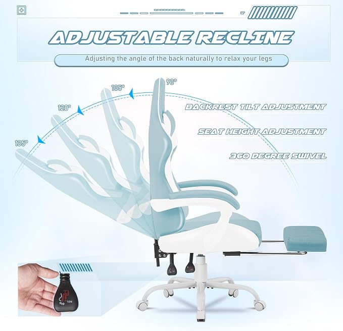 Homall Gaming Chair, Computer Chair with Footrest and Massage Lumbar Support, Ergonomic High Back Video Game Chair with Swivel Seat and Headrest (Light Blue) - Image 6