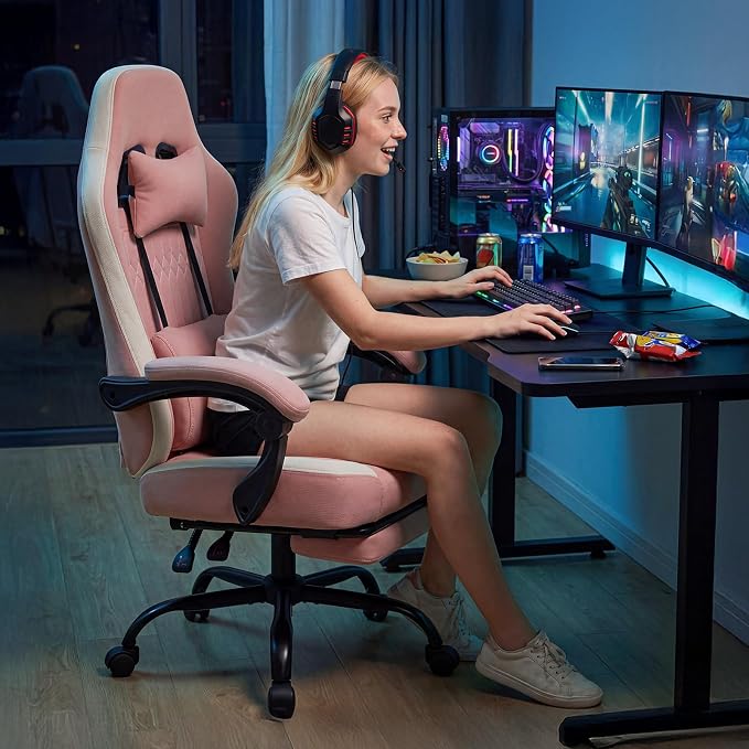 Sweetcrispy Video Game Chair, Ergonomic Computer Desk Chair, Lumbar Support | Footrest, Height Adjustable, Linkage Armrests, Headrest, High Back, 360° Wheels, Pink - Image 10