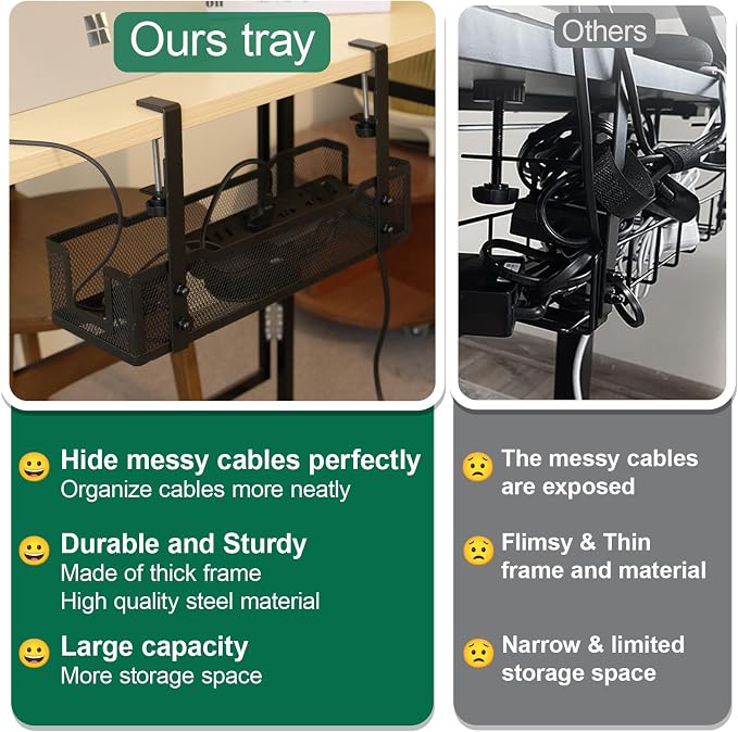 No Drill Under Desk Cable Management Tray with clamp-Premium Wire Tray Cord Organizer – Thin Steel Cable Tray Basket with Charger Holder for Desk–Black Cable Management Box–Easy to Install - Image 4