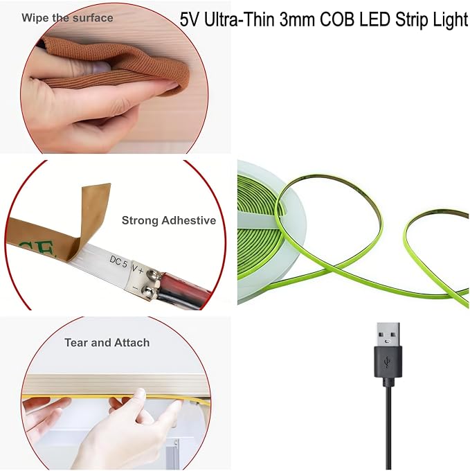 Ultra-Narrow 3mm USB COB LED Strip Lights Self-Adhesive, for Kitchen Cabinets, Bedroom, Gaming Desk (Green, 3ft) - Image 2
