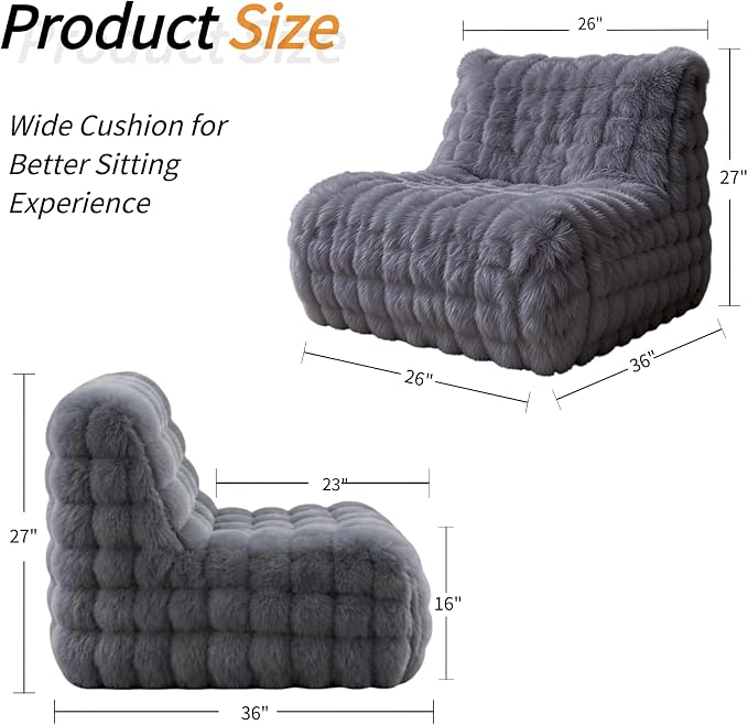Memory Foam Faux Fur Bean Bag Chair, Light Grey | Supportive memory foam filling, plush faux fur cover, floor lounge sofa for bedroom, living room & office daily relaxation - Image 6