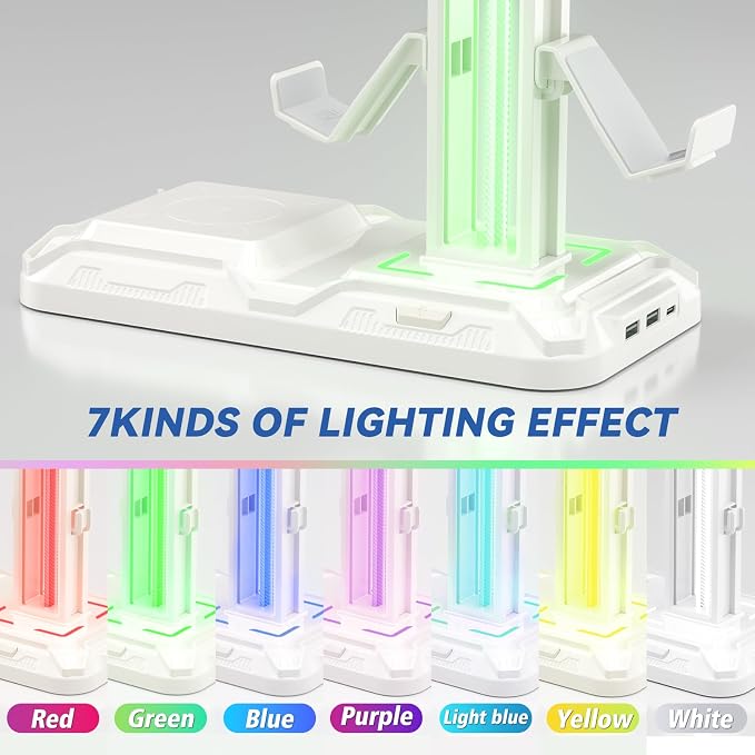 KDD RGB Headphone & Controller Stand with Wireless Charging - Rotatable Headset Stand with 9 Light Modes - Controller Holder with 2 USB and Type C Ports - for Gamers Desktop Accessories(White) - Image 4