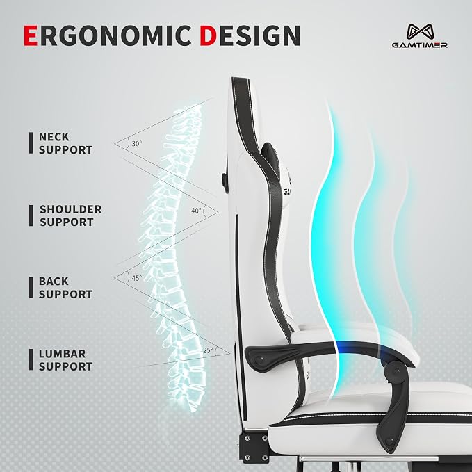 Gamtimer Gaming Chair with Footrest, Ergonomic Computer Chair, PU Breathable Material with Headrest and Lumbar Support, Suitable for Silla Gamer and Adults (White) - Image 7