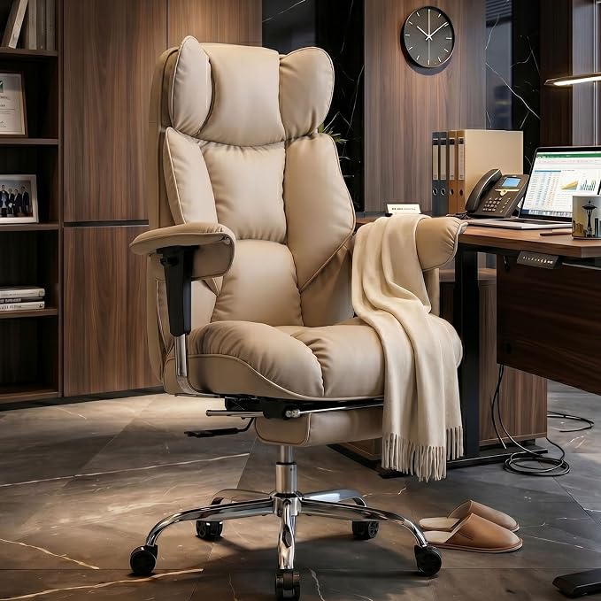 Efomao Executive Office Chair 400lbs,Beige Big and Tall Desk Chair | Mattress-grade pocket spring cushion, sleek leather, 135° recline & footrest for computer gaming setup. - Image 2