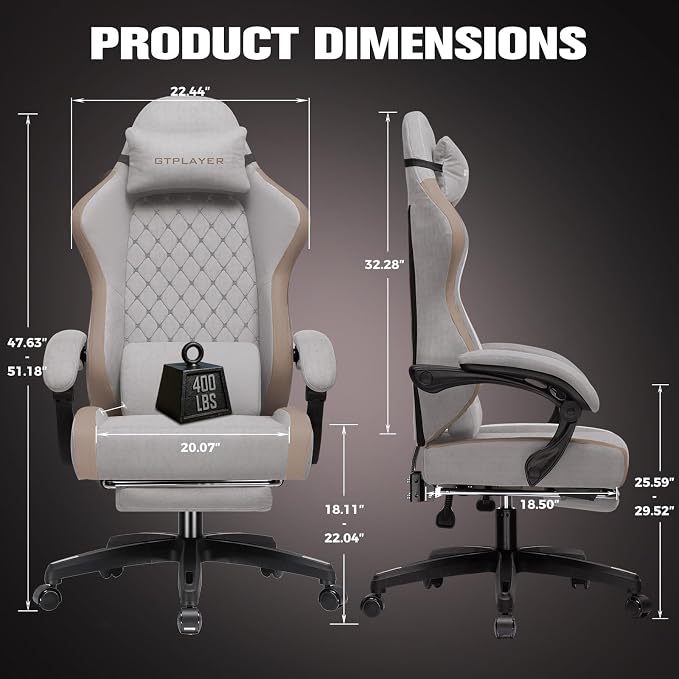 GTPLAYER Gaming Chair, Ergonomic Computer Chair with Footrest and Lumbar Support, High Back Recliner Chair 350lbs, Height Adjustable for Home Office, Light Brown - Image 3