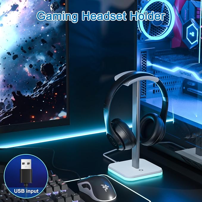 Headphone Stand for Desk - Headset Stand Headphone Holder (RGB-White) | with Aluminum Hanger and Plastic Headrest, headphone holder for AirPods Max, Sony, Bose, Beats and More - Image 2