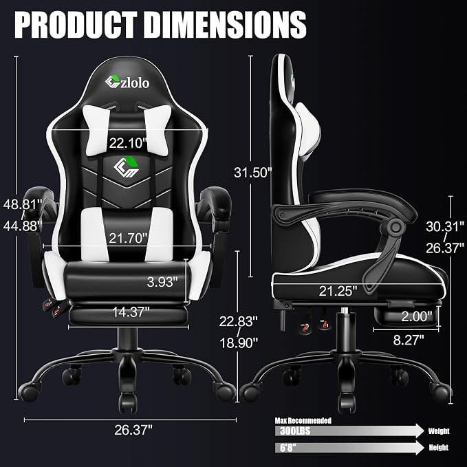Czlolo Gaming Chair, Ergonomic Office Computer Chair with Footrest and Lumbar Support Massager High Back Video Gamer Chair, Wide＆Thick Cushion, 90°-135° Recline, Adjustable Height, Cloud White - Image 2