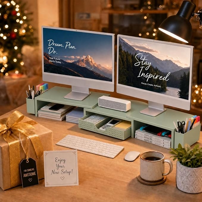 OPNICE Desk Organizers and Accessories, Dual Monitor Stand Riser with Drawer and 2 Pen Holders, Desk Shelf Computer Racks for Office Workspace Organizers, Desktop Organization (Sage Green) - Image 9