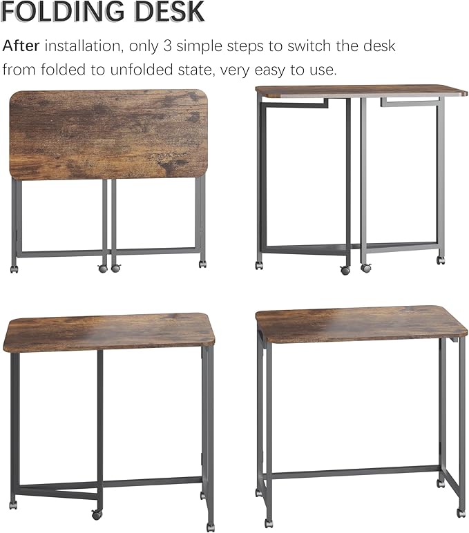 4NM 31.5" Mobile Small Rolling Computer Desk, Folding Laptop Cart Table with Wheels, Portable Office Desk for Small Space Couch Bed - Rustic Brown and Black - Image 6