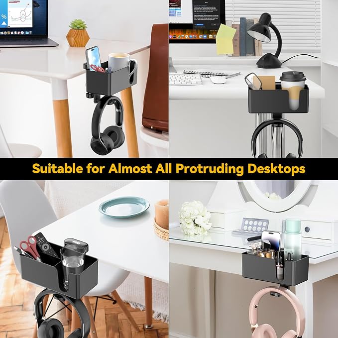 KDD 4 in 1 Desk Cup Holder - Clamp on Under Desk Headphone Hanger - Rotating Headphone Holder Detachable Pen Cup Holder Desktop Storage for Cup, Phone and Pen(Black) - Image 7