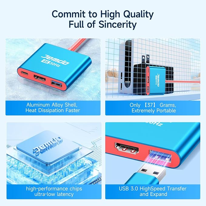 JEMDO Portable Dock Adapter for Switch, Travel Docking Station for TV with 4K HD HDMI Output & PD Fast Charging & USB 3.0 Compatible with Switch/OLED, Steam Deck, MacBook Pro/Air, ROG Ally - Image 8