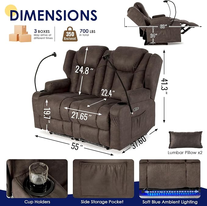 Redlife Power Loveseat Recliner Sofa with Blue LED Base Lights - Image 3