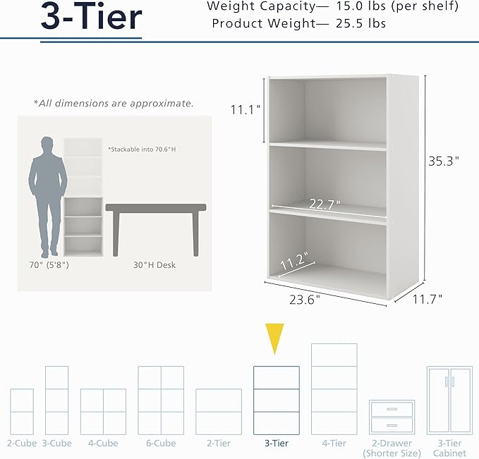 Homes: Inside + Out Apexa 3-Tier Cube Storage Organizer Shelves, Stackable Wood Bookcase Fits Cubby Bins for Organization, Dorm Teen Room Decor & Home Office, White - Image 3