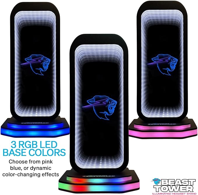 Feastables Beast Tower MrBeast Gaming Headphone Stand | RGB Light Display with Infinity Mirror Effect and Logo | Universal Headset Holder; USB Powered Desk Computer Accessory for Gamers and Streamers - Image 4