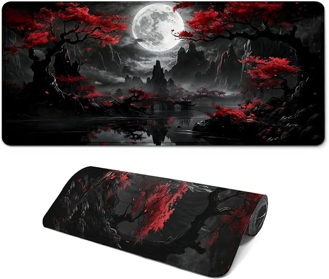 Gaming Mouse Pad with Anti-Slip Rubber Base, Extended Large Computer Mouse Mat with Stitched Edges, Long XL Anime Mousepad for Laptop and Keyboard, 31.5 x 11.8 inch (Dark Full Moon) by Unknown