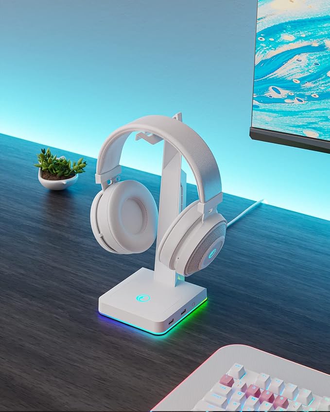 IFYOO RGB Gaming Headset Stand with 2 USB Ports, Game Headphone Mount for PC, Xbox One, PS4, Switch, Earphone Holder Hanger, Great for Gaming Stations, Fancy Desk Gamer Accessories, White - Image 7