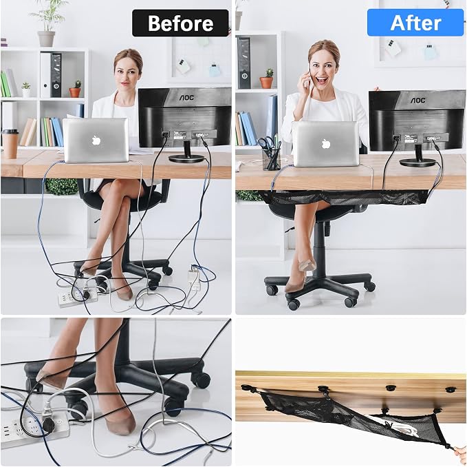 Cable Management Net Under Desk Kit,Privacy Mesh Cable Manager Flexible Under Desk Wire Net Large Capacity Cord Organizer Net for Office,Standing Desk, Home, 26 X 10 Inches - Image 2