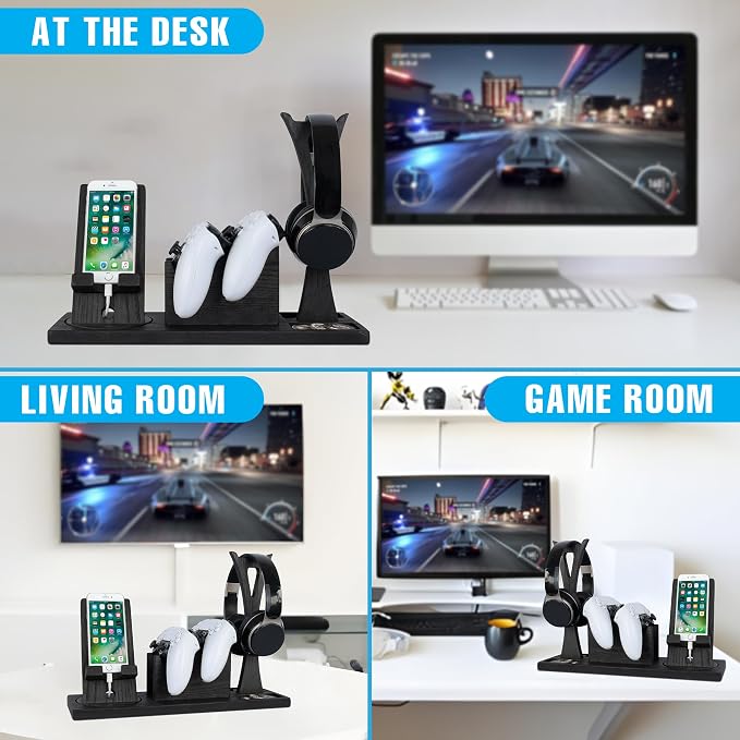 Unique Gift for Gamers, Game Room Decor. Unique Gaming Organizer with Headset Holder, Rotatable Phone Stand & Controller Stand. Wooden Gaming Gadget for Gaming Desktop, Streamer, Teenage Boy - Image 2