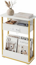 YEAKOO Narrow Side Table with Charging Station, 3-Tier End Table with 2 USB Ports & Power Outlets, Thin Sofa Side Table for Small Spaces, Bedside Table Nightstand for Living Room, White+Gold by YEAKOO