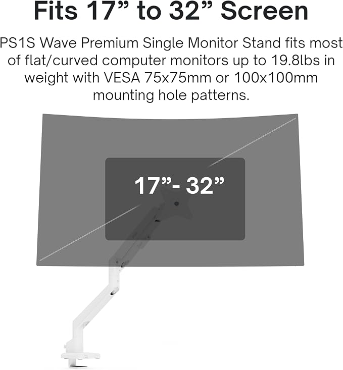 Pixio PS1S Wave White Single Monitor Arm Stand Desk Mount - Fits up to 32 inches Monitors and up to 19.8lbs. VESA Compatibility and Integrated Cable Management - Image 2