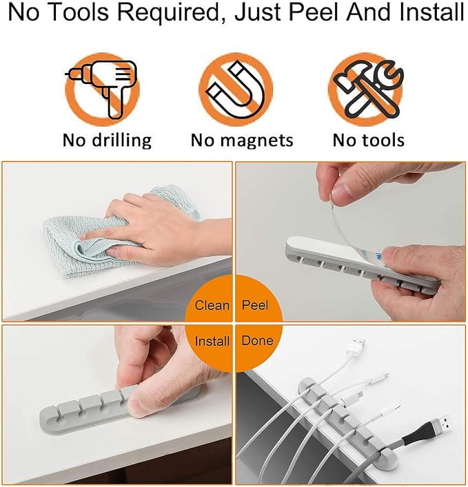 Desk Accessories for Charging Organizer - 5 Packs Grey Computer Desk Accessories and Adhesive Cord Organizer for Cable Holder Cleans Up Messy Wires at Home, Car and Office (7-5-3-1-1 Slots) - Image 5