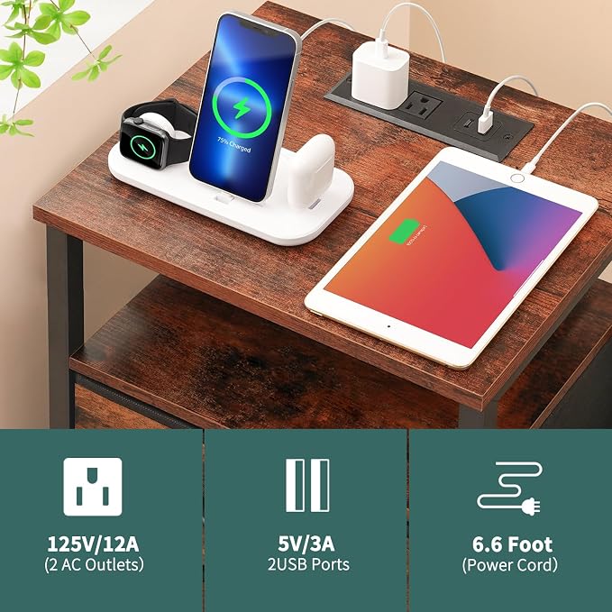 Yoobure Night Stand with Charging Station, LED White Nightstand for Dorm - Image 7