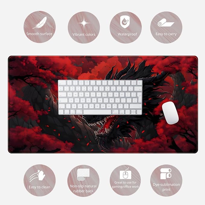 Huge Dragon Large Mouse Pad - Red and Black Mousepad, Big Full Keyboard and Mouse Pad with Stitched Edges, Anti-Slip, Funny Desk Pad, 31.5 X 15.8 in. - Image 6