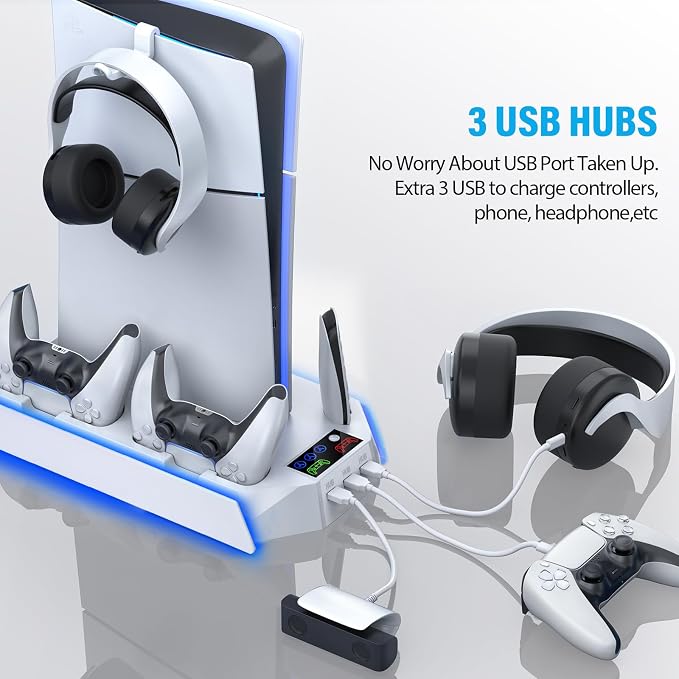 Slim Cooling Station Stand LED with Dual Controller Charging Station for PlayStation 5 Console, PS 5 Accessories Incl. Controller Charger, Cooling Fan, Headset Holder, 3 USB Hub- LED White - Image 5