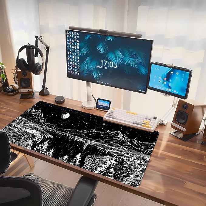 Black and White Desk Mat Dark Nature Forest Mouse pad XXL Starry Night Mountain Desk pad Aesthetic Moon and Stars Mousepad XXL for Laptop Computer Mouse Gaming Keyboard Mat, 31.5 X 15.8 in - Image 7