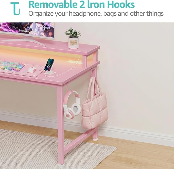 Lufeiya Small Girls Desk with Power Outlets and LED Lights, 32 Inch Gaming Desk Table with Charging Station, Home Office Computer Desks with Monitor, Pink - Image 8