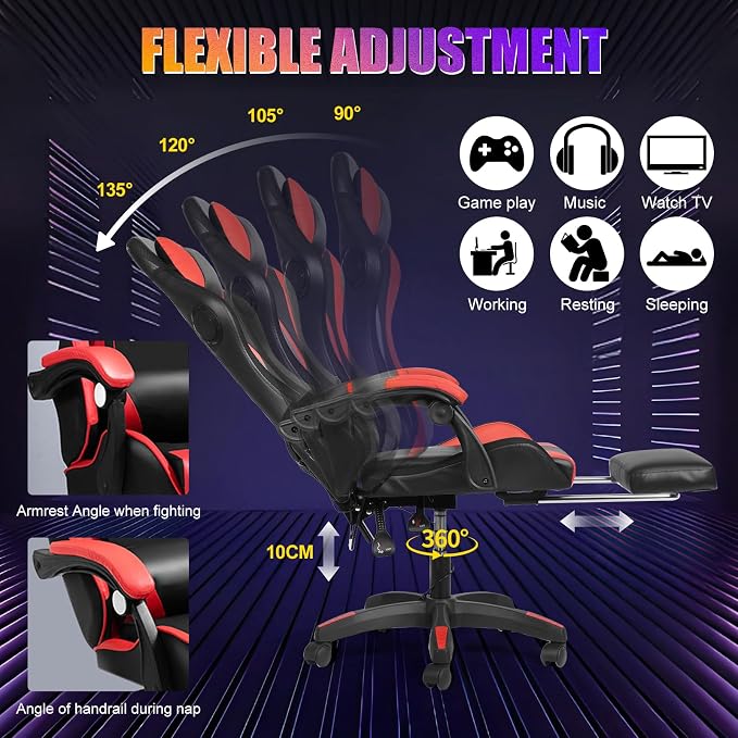 Gaming Chair with Bluetooth Speakers & Lights,Ergonomic High-Back Office Chair with Headrest & 135° Recline, 360° Swivel Height Adjustable Faux Leather Computer Chair for Gaming, Office & Study - Image 4