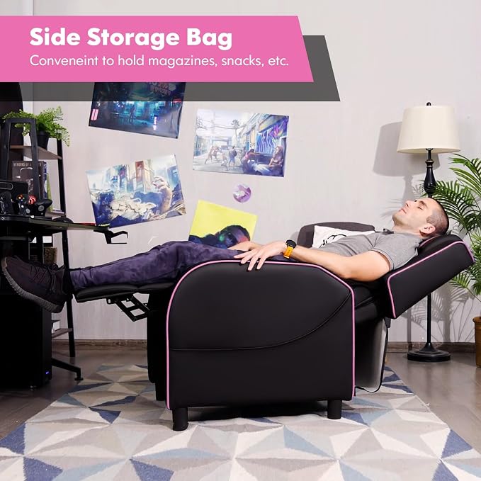 GYMAX Gaming Recliner, Massage Gaming Chair w/Adjustable Footrest, Remote Control & Side Pocket, Ergonomic Game Lounge Chair, Racing Style Single Theater Seat Game Sofa for Adults (Pink) - Image 8