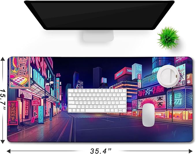 Japanese City Big Desk Mat Large Office Desk Pad | Home Office Gaming Work 35.4x15.7 inch Big Computer Mousepad Waterproof Non-Slip Rubber Mice Pads Stitched Edges - Image 2