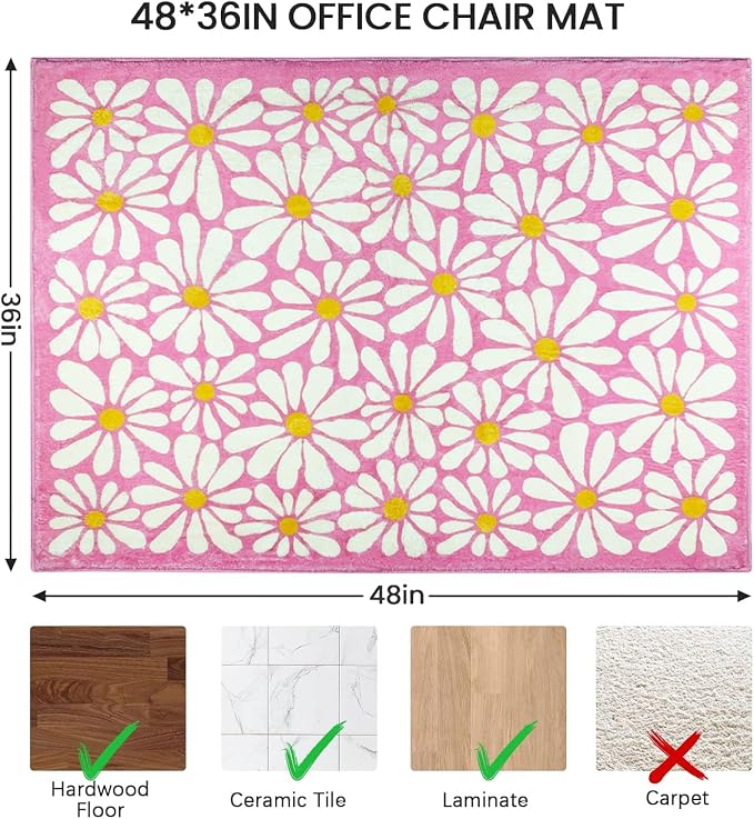 SHIYUE Office Chair Mat for Hardwood/Tile Floor Carpet, 36"x48" Computer Desk for Rolling Chairs Protector Gaming Non Slip Under TPR Backing Rug(Pink Floral) - Image 3