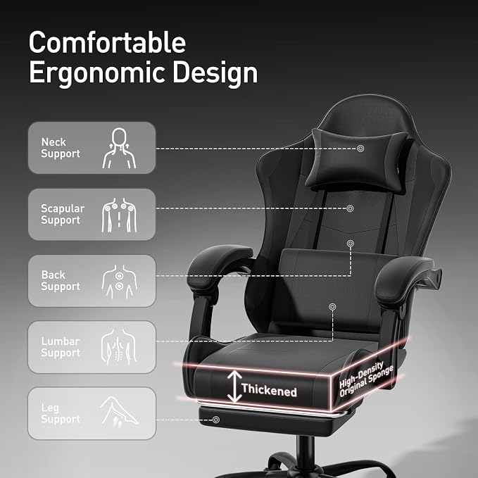 MoNiBloom Gaming Chair, Footrest & Lumbar Support, Height Adjust, Black | Headrest & Lumbar Support, Ergonomic Computer chair, for Adult Teen Office or Gaming,Swivel game chair, leather gaming chair - Image 5