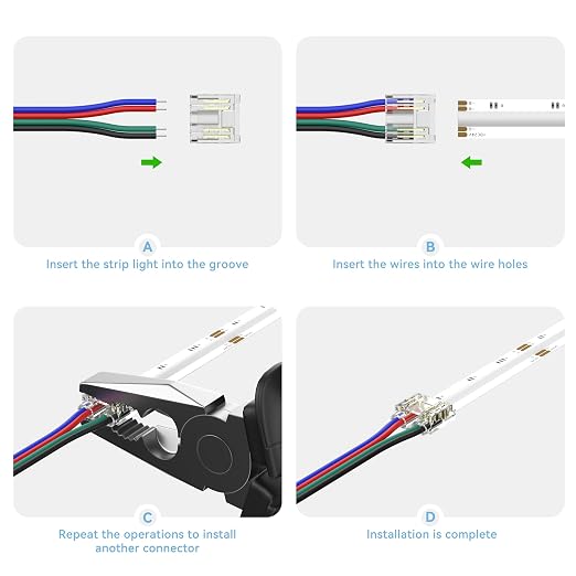 PAUTIX COB LED Connectors for 10mm 4-Pin RGB COB LED Strip Lights,20pcs Strip to Wire Connectors,10ft Long 22AWG Extension Wires for Non-Wired Gapless Solderless,5V 12V 24V 2835 LED Strip Lights - Image 4