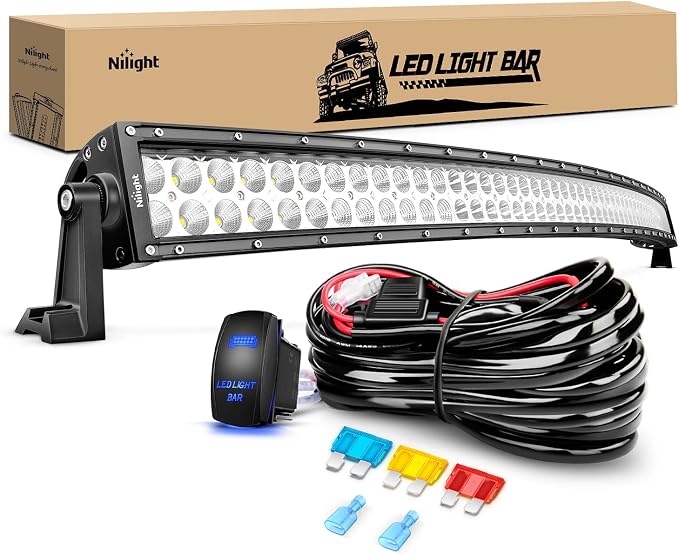 Nilight 54 Inch 312W Curved Spot Flood Combo Led Light Bar LED Off Road Light Driving Light and 1PC 14AWG 12V 5Pin Rocker Switch Wiring Harness Kit - 1 Lead by Nilight