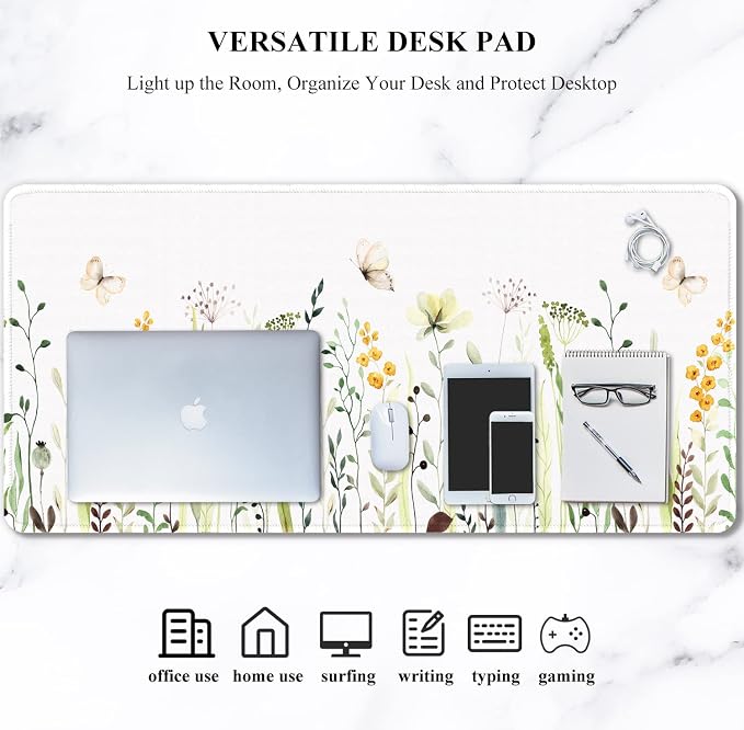 Auhoahsil Desk Pad, XXL Large Mouse Pad, Extended Gaming Mousepad, Cute Desk Mat for Women, Big Office Accessories Mouse Pad for Computer Keyboard and Laptop, 35.6" x 15.7", White Wildflower Butterfly - Image 7