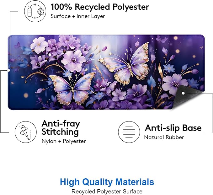 IMAYONDIA Gold Butterfly Desk Pad, Purple Flowers Large Mousepad, Floral Desk Mat, Modern Beutiful Extended Mouse Pads for Laptop, Computer Pad for Women Girls Office, 31.5x11.8 in - Image 3