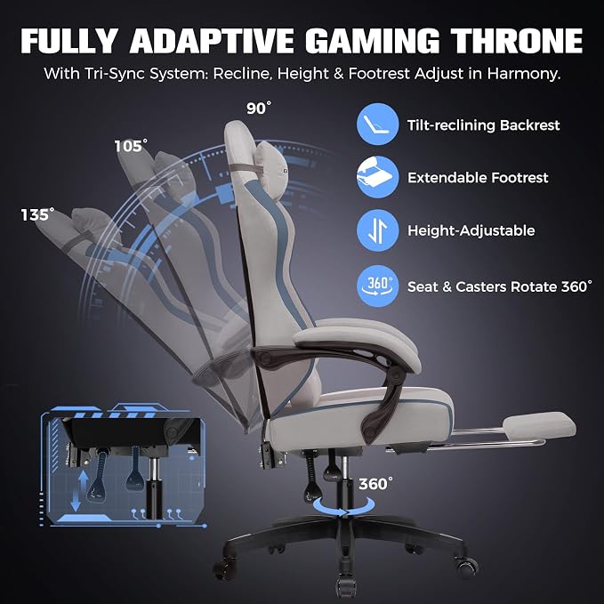 GTPLAYER Gaming Chair, Ergonomic Computer Chair with Footrest and Lumbar Support, High Back Recliner Chair 350lbs, Height Adjustable for Home Office, Grey - Image 4