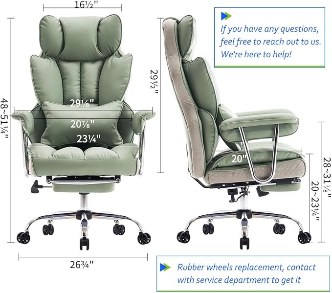 Efomao Big and Tall Office Chair 400lbs - Executive Office Chairs with Footrest, Heavy-Duty PU Leather Computer Chair for Heavy People, Light Green Home Office Desk Chairs | 400lbs support, 135° recline, dual-layer foam cushion, 23.5" seat & footrest. ... - Image 2