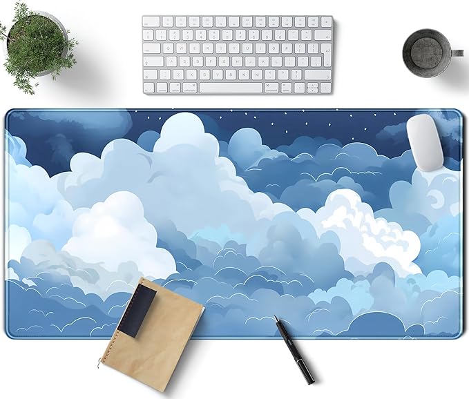 Aesthetic Blue and White Puffy Clouds Desk Mat, XXL Large Kawaii Blue Extended Gaming Mouse Pad with Stitched Edges, Cute Big Laptop Keyboard and Mouse Mat for Women Office Decor Mat 31.5x15.7 in by TENG+DA+QING