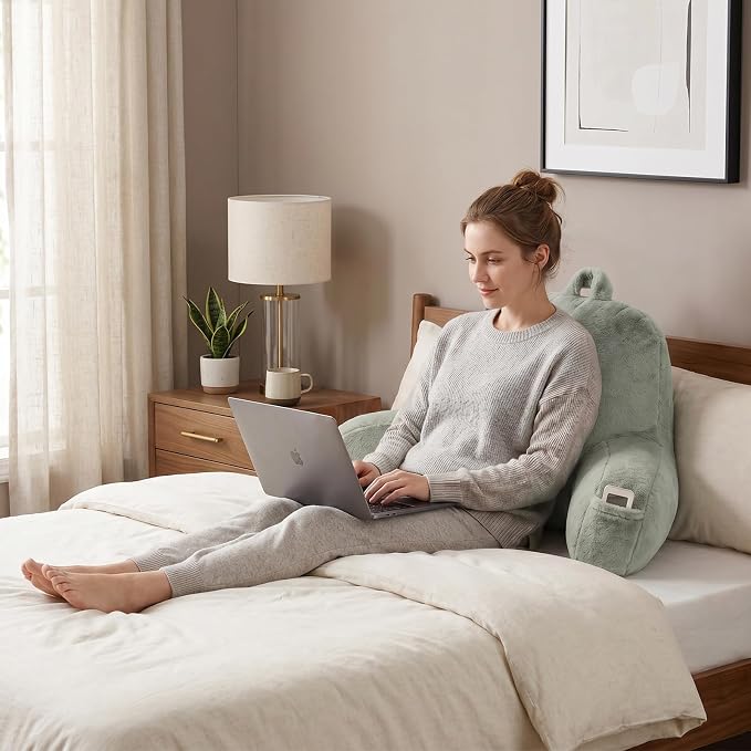 Large Plush Backrest Pillow for Sitting in Bed,Faux Fur,Green | 19" Back Pillow with Arms Supports Adults,College Students,Elbows & Forearms for Dorm Reading,Gaming,Watching TV - Image 2