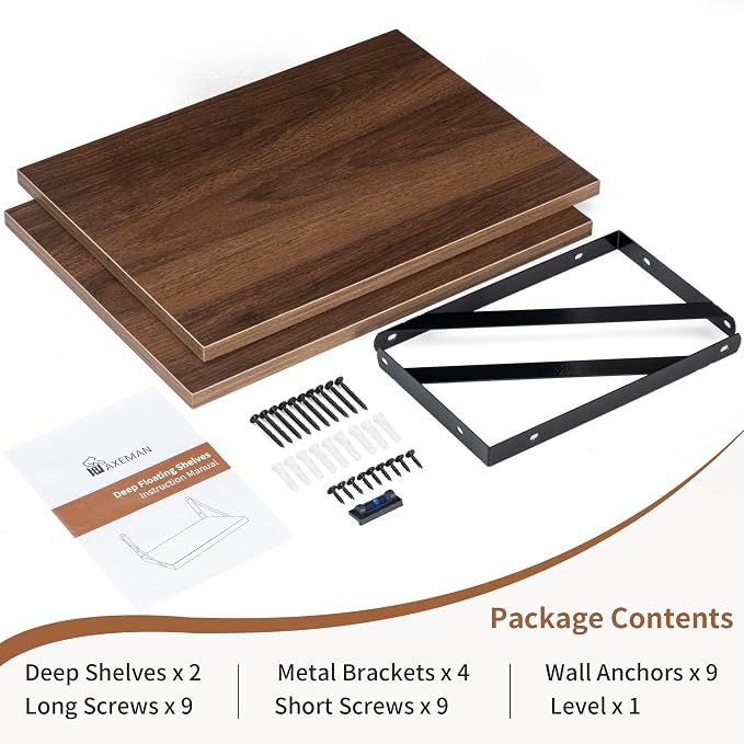 Axeman Deep Floating Shelves - 16 Inch Wide x 12 Inch Deep Walnut Wall Shelves Set of 2 - Rustic Wide Wood Wall Mounted Shelves for Room Decor & Storage - Image 8